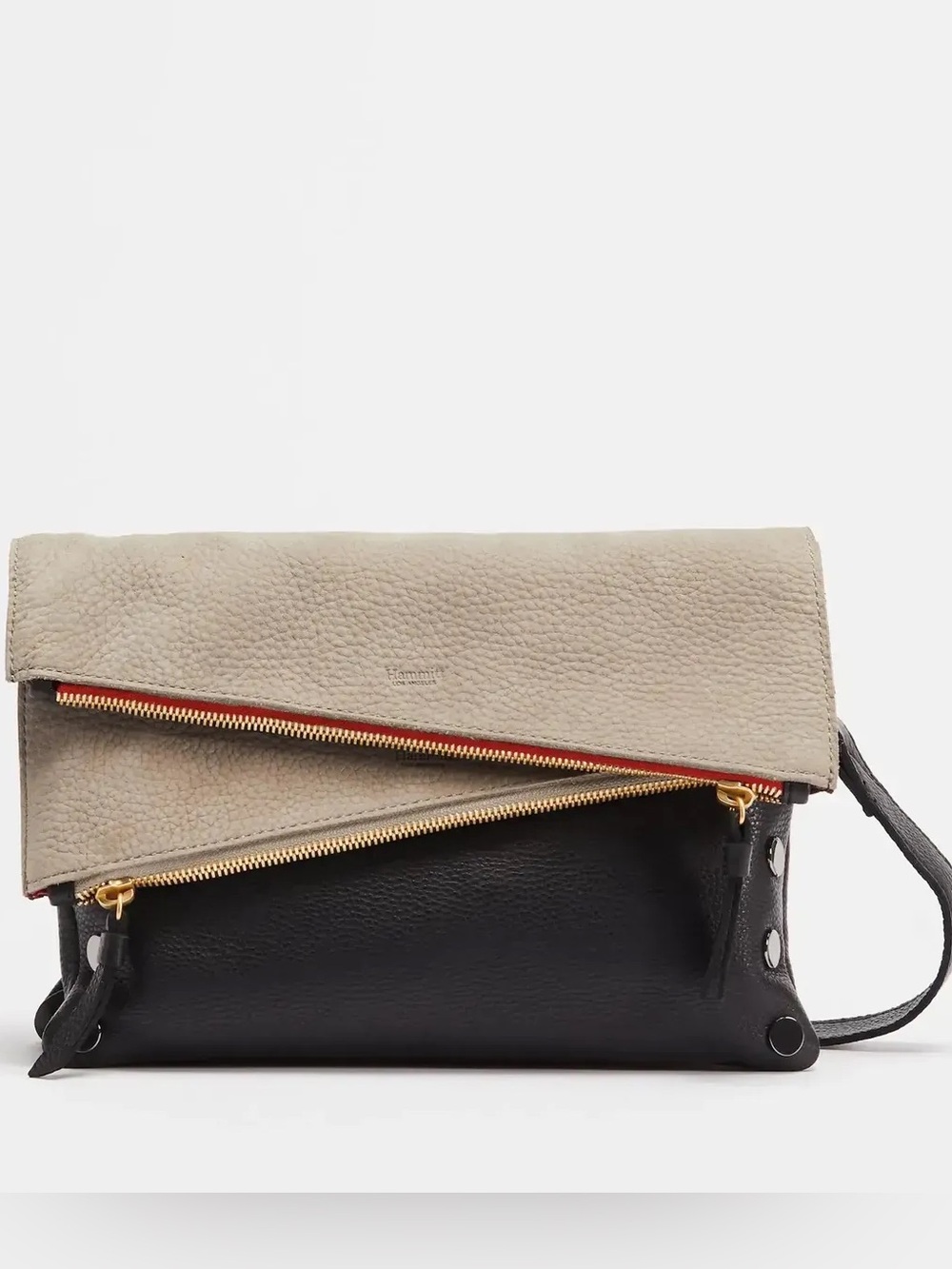 Hammitt Dillon Medium Two-Tone Fold-Over Leather Crossbody in Beige and Black